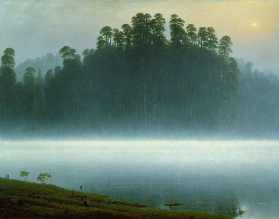 Misty Lake at Dawn with Forest Island and Pale Sun