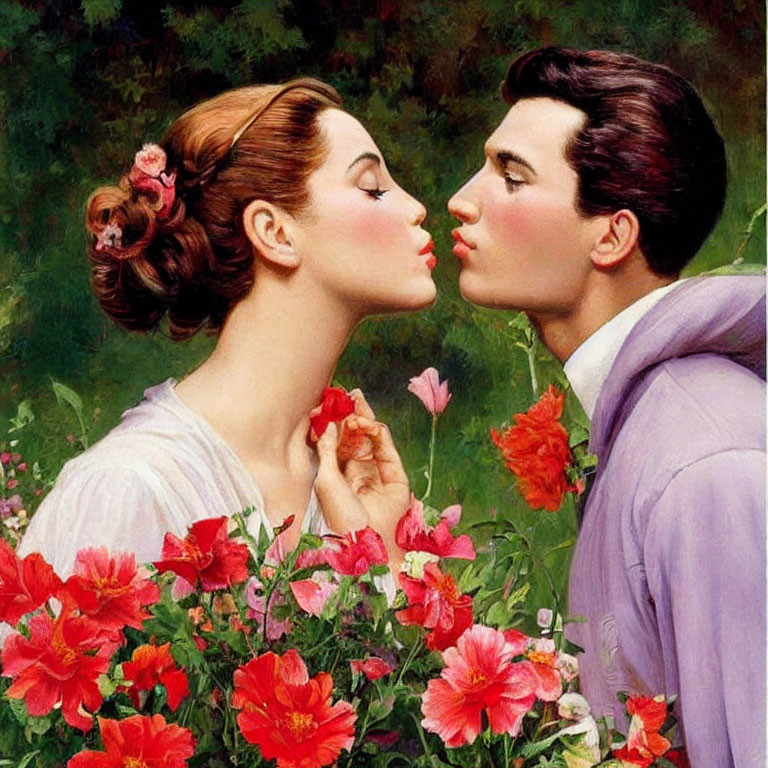 Couple kissing surrounded by red flowers in lilac jacket scene