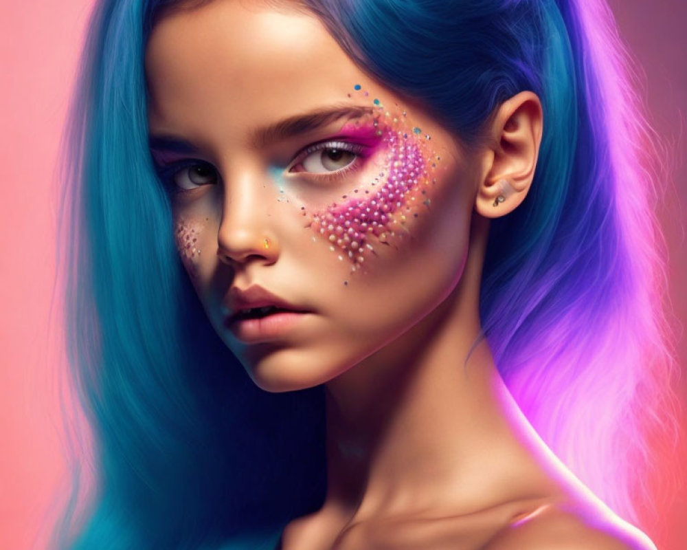 Vibrant portrait with blue hair, purple makeup, sequins on colorful backdrop