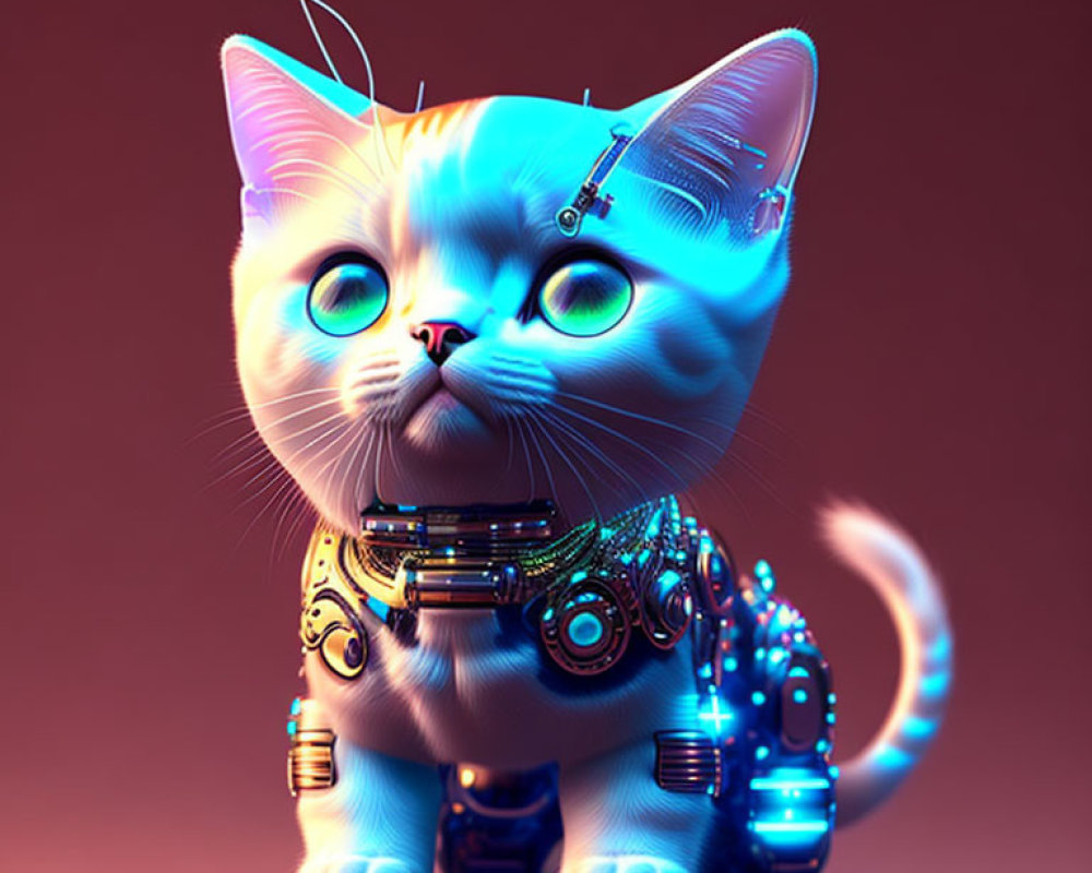 Robotic cat 3D illustration with glowing eyes and cybernetic enhancements