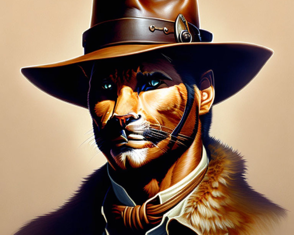 Anthropomorphic feline in cowboy attire with revolver and sheriff's badge.