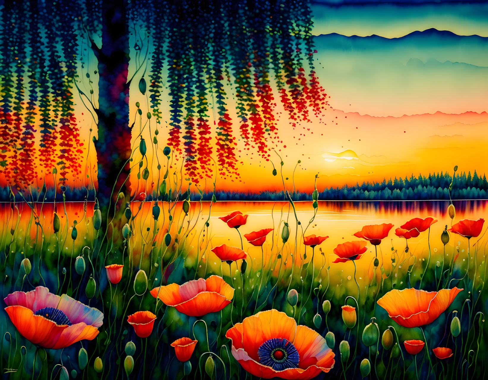 Colorful sunset over serene lake with tree silhouettes, red poppies, and green foliage