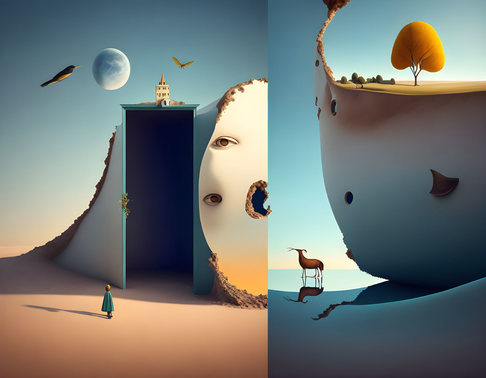 Split Moonscapes with Doors, Man, Birds, Trees, Deer, and Ethereal Lighting
