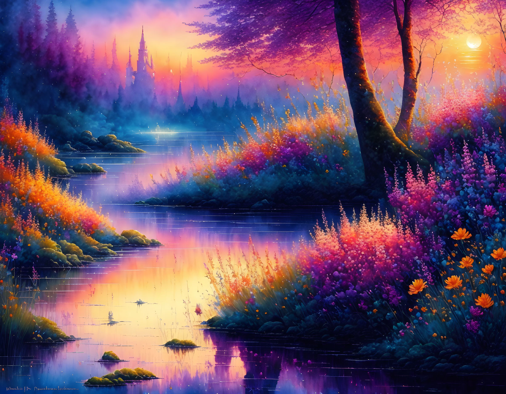 Scenic sunset landscape with purple and pink hues over calm river