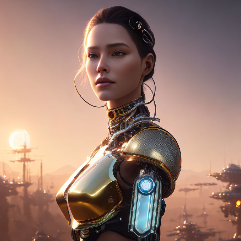 Female android digital artwork with golden and black exoskeleton in futuristic sci-fi setting.