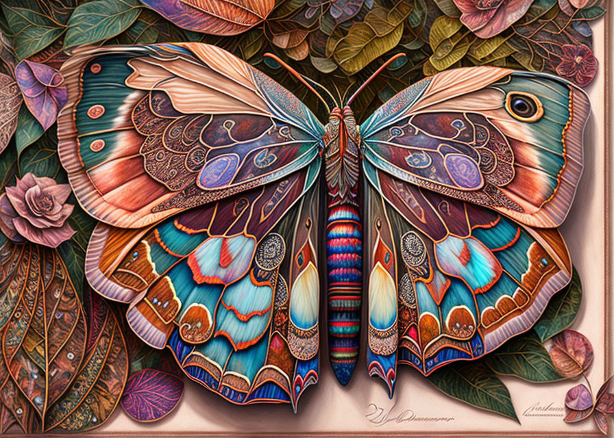Colorful Butterfly Artwork with Detailed Wings on Foliage