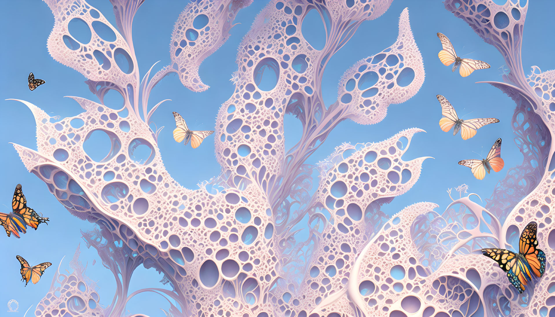 Whimsical illustration of porous coral-like structures with fluttering butterflies against a serene blue sky