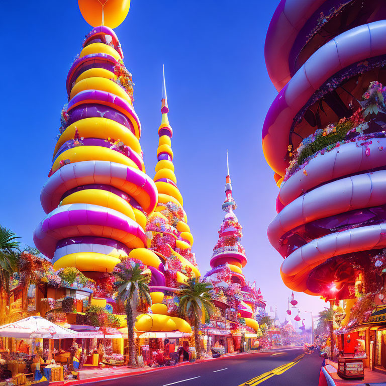 Vibrant futuristic cityscape with spiral towers and bright lights