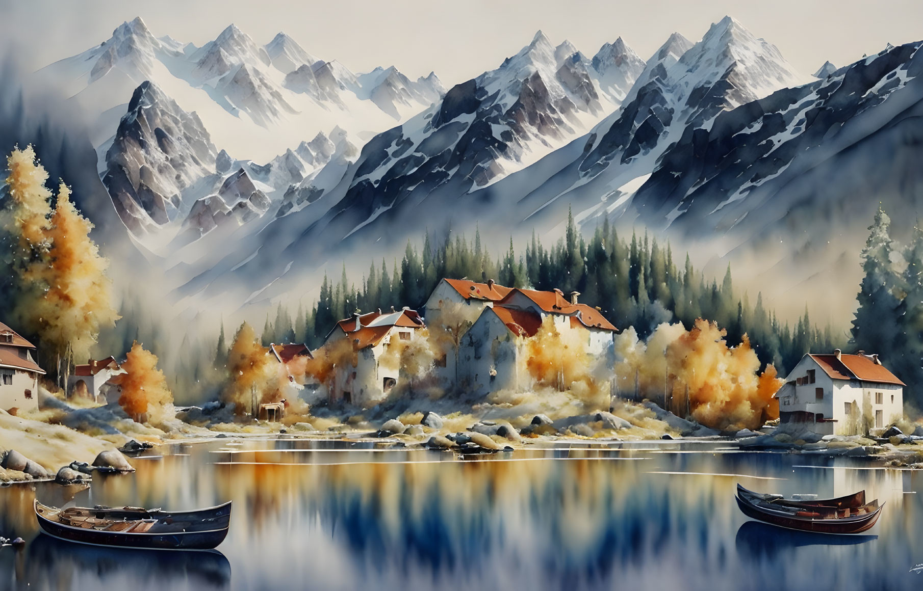 Autumn mountain village by lake with golden trees and snow-capped peaks
