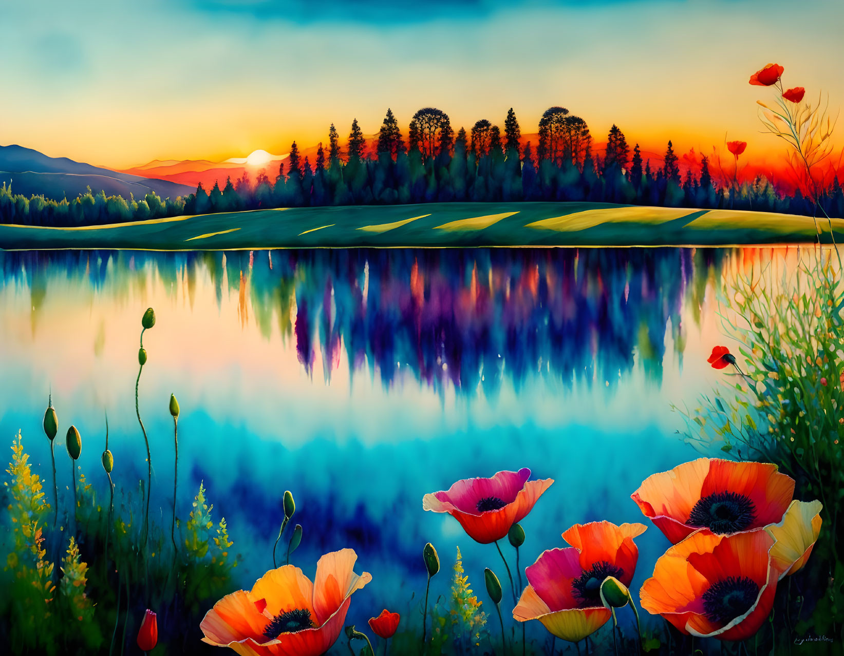 Colorful landscape painting: red poppies, blue lake, sunset, silhouetted trees
