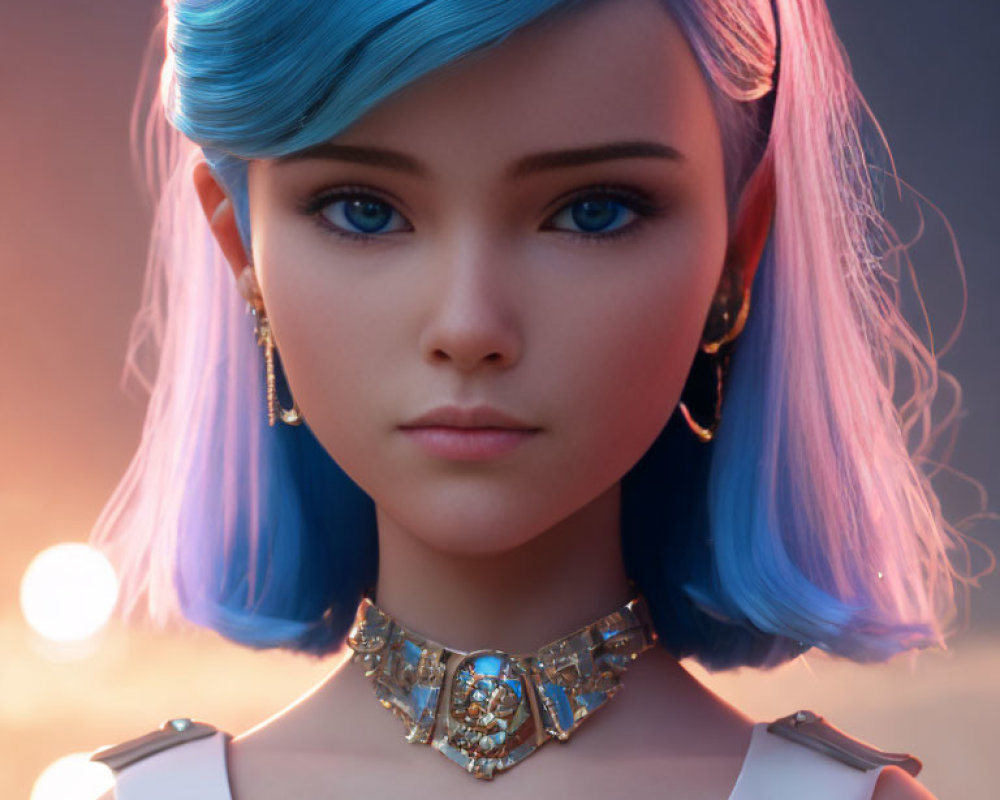 Digital artwork featuring female character with blue hair and futuristic collar necklace