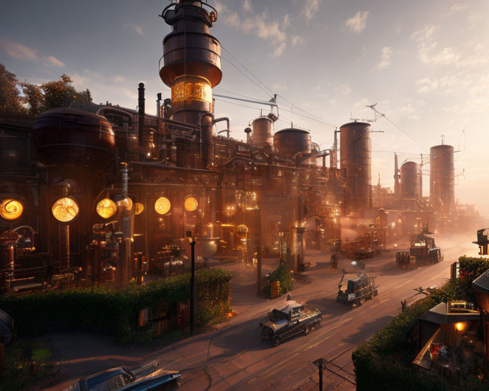 Steampunk-themed industrial cityscape with glowing lights and vintage vehicles.