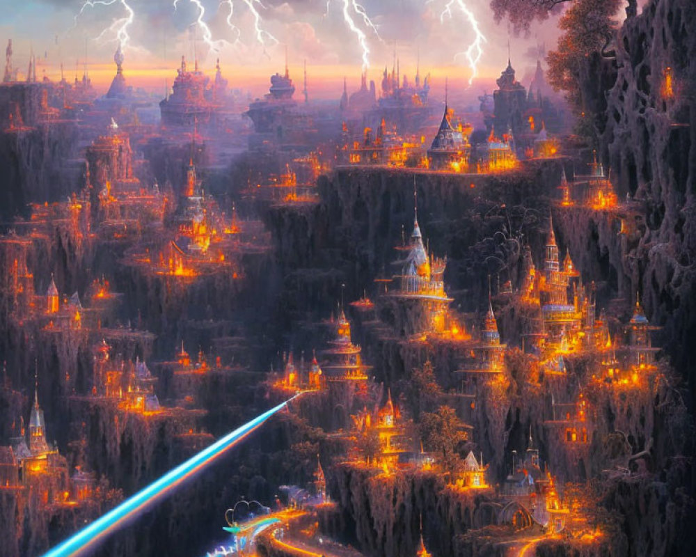 Majestic spires and cliffs in a mystical landscape with lightning and golden lights