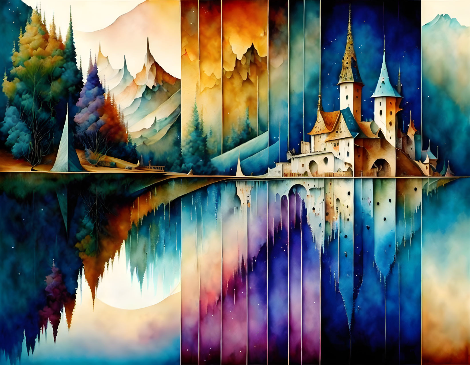 Fantasy landscape painting: castle, forests, mountains, autumn-winter blend