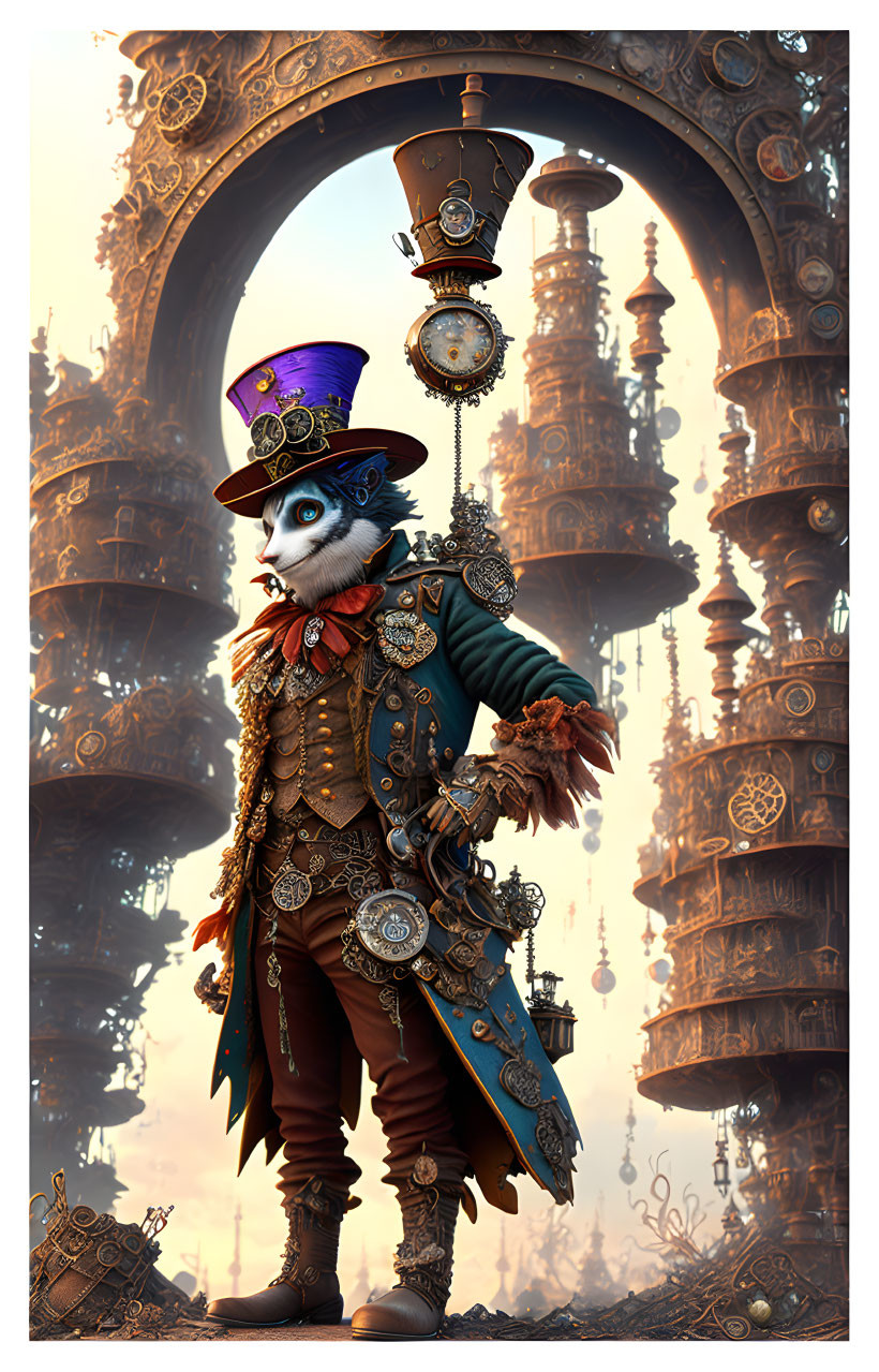 Steampunk-themed anthropomorphic cat in front of ornate archway
