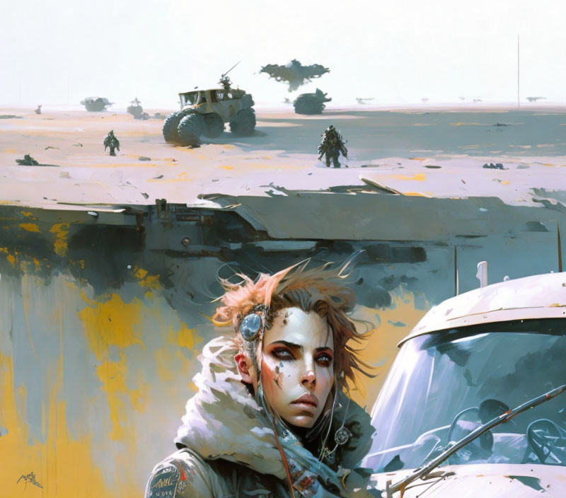 Futuristic soldier with cybernetic enhancements in sunlit wasteland