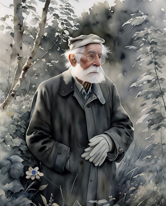 Elderly Man with White Beard in Cap and Glasses Amidst Leafy Foliage