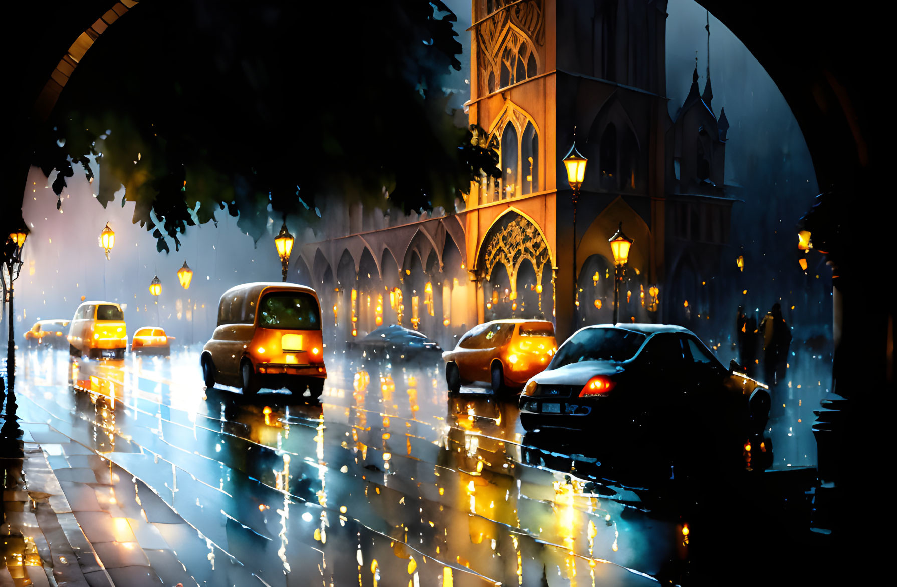 Night scene of rain-soaked street with car headlights, archway, ornate buildings, and lit