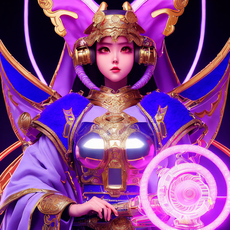 Character with Large Expressive Eyes in Golden Helmet & Blue Armor Holding Purple Symbol