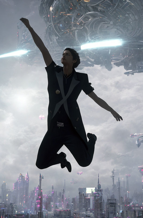 Floating figure in futuristic cityscape with tall buildings and flying vehicles.
