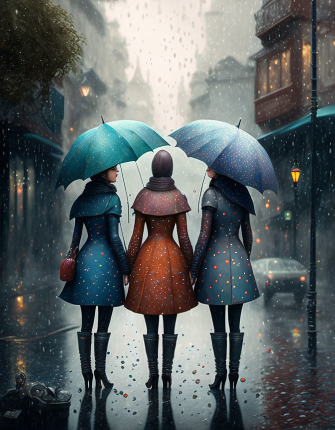 Three people with colorful umbrellas in the rain on cobblestone street