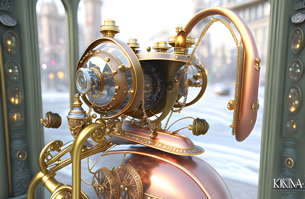 Steampunk-style machine with brass gears and pipes on cityscape background