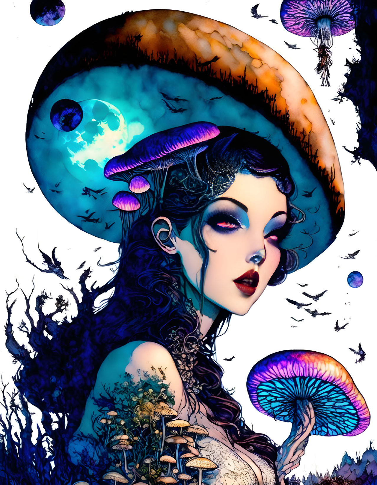 Illustrated woman with cosmic mushroom hat under full moon and floating orbs