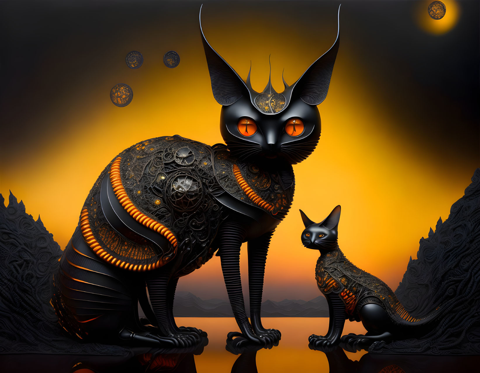Stylized mechanical cats with glowing eyes on ornate dark background