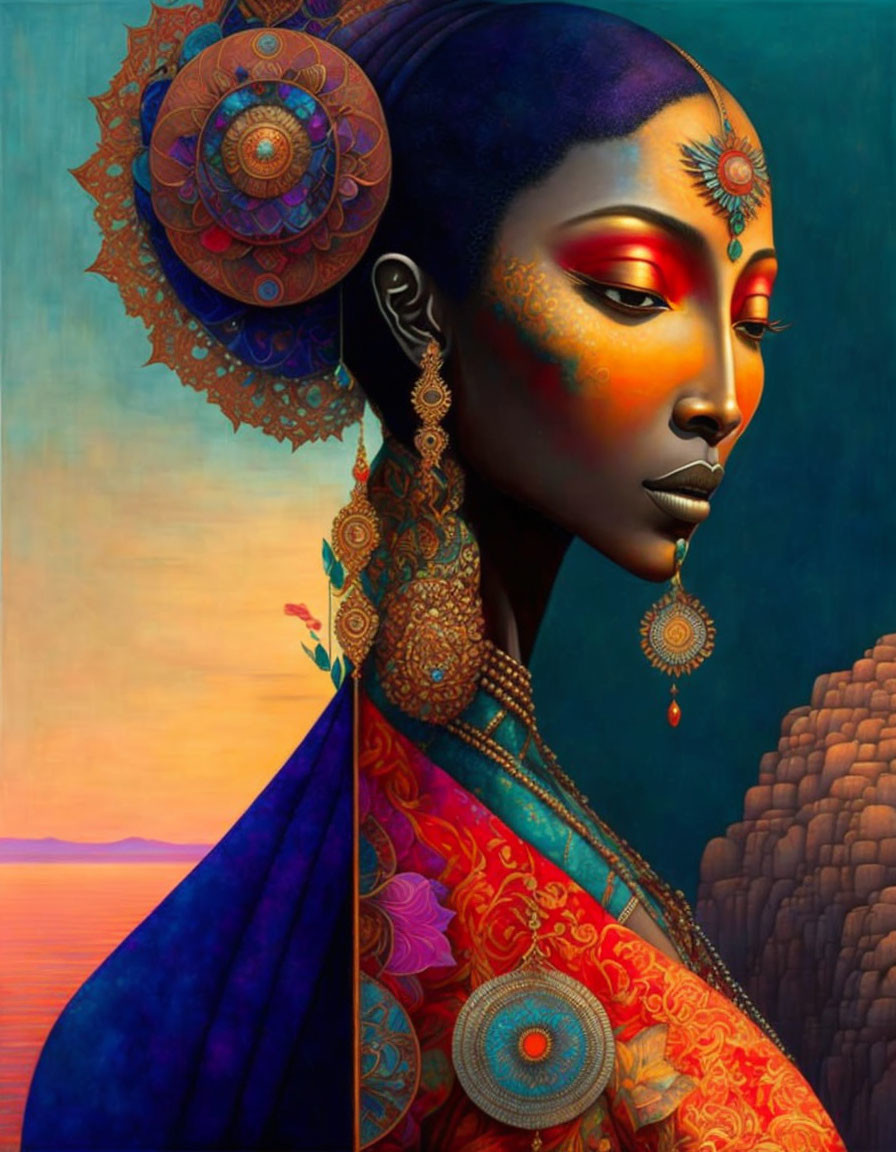Vibrant painting of woman with golden skin and ornate jewelry