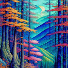 Colorful Forest Illustration with Blue and Green Tones