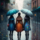 Three people with colorful umbrellas in the rain on cobblestone street