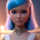 Digital artwork featuring female character with blue hair and futuristic collar necklace