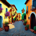 Vibrant cobblestone street with colorful walls and lush greenery