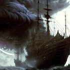 Giant wooden ship on shore under swirling storm clouds
