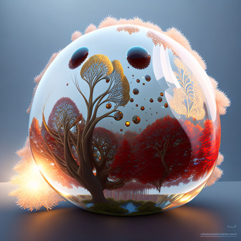 Glass terrarium with miniature forest and floating islands illuminated by soft light