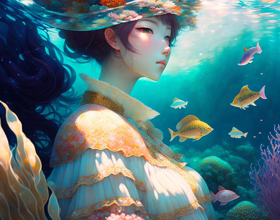 Ethereal woman in ornate hat underwater with fish, vivid blue and coral hues