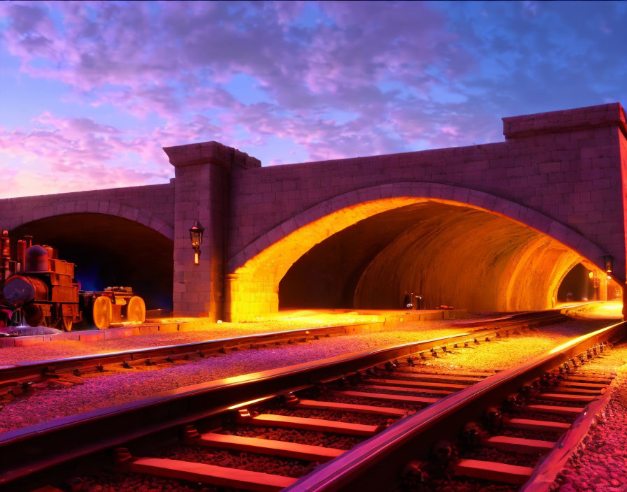 Vintage train near old tunnel in warm sunset light