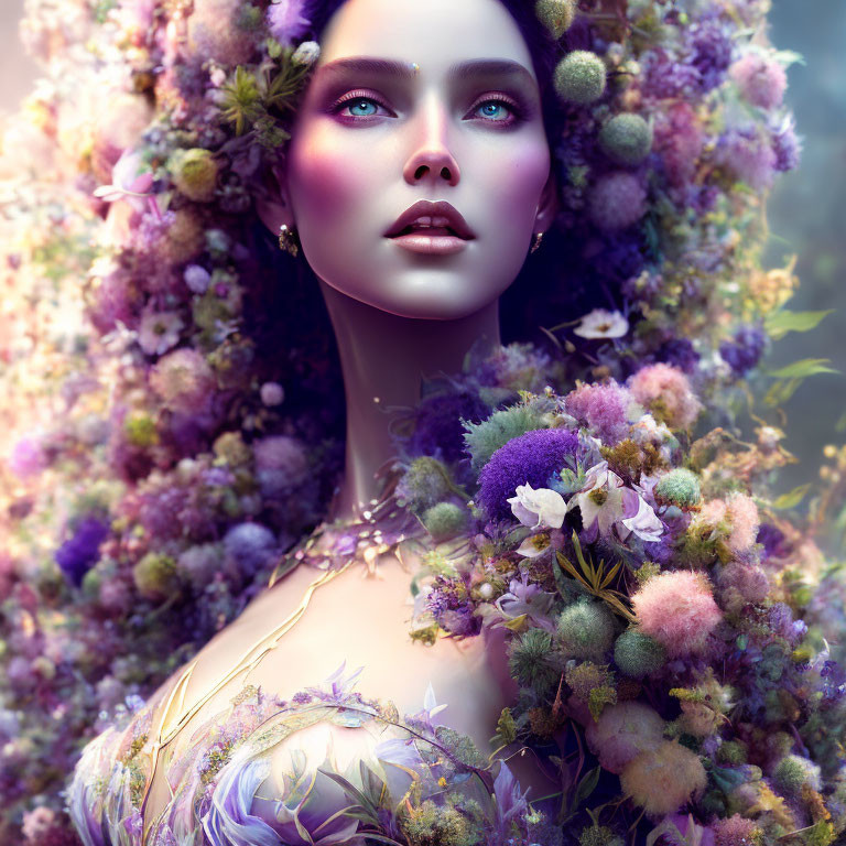Vibrant purple and green floral portrait of a captivating woman