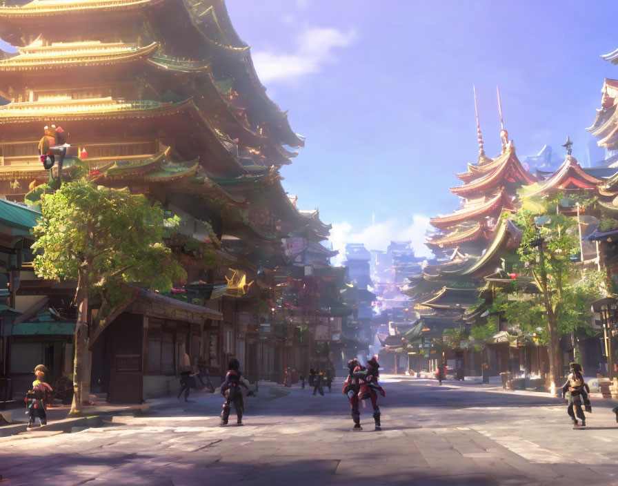 Asian-Inspired Fantasy Street with Pagoda-Style Buildings and Traditional Costumes