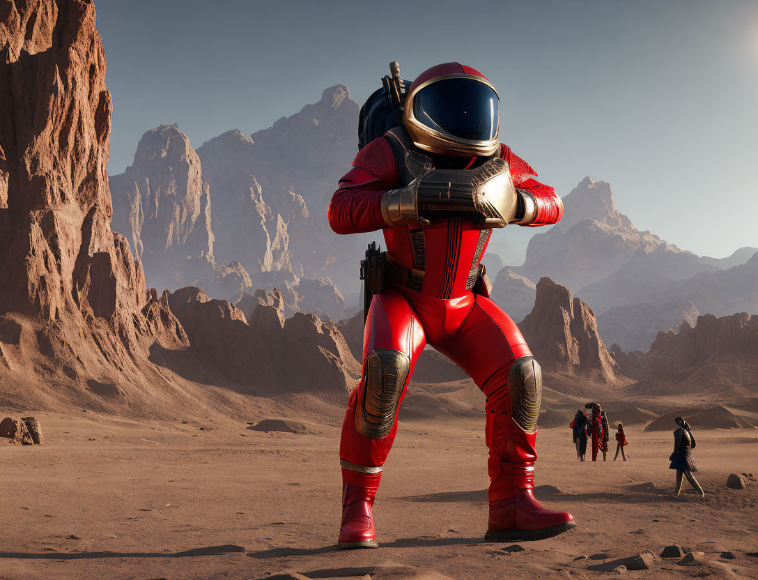 Red spacesuit astronaut on Mars-like terrain with rocky mountains and explorers.