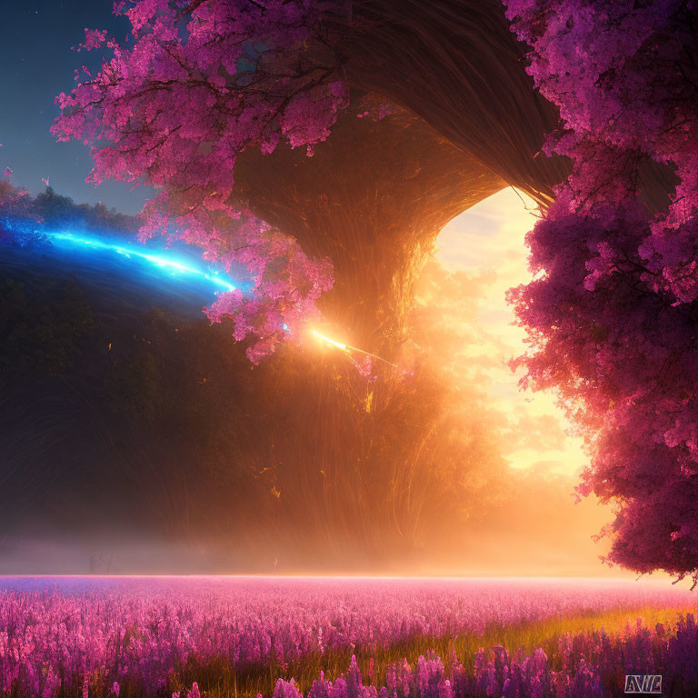 Enchanting landscape with giant tree, pink blossoms, lavender field, sunset sky, and comet