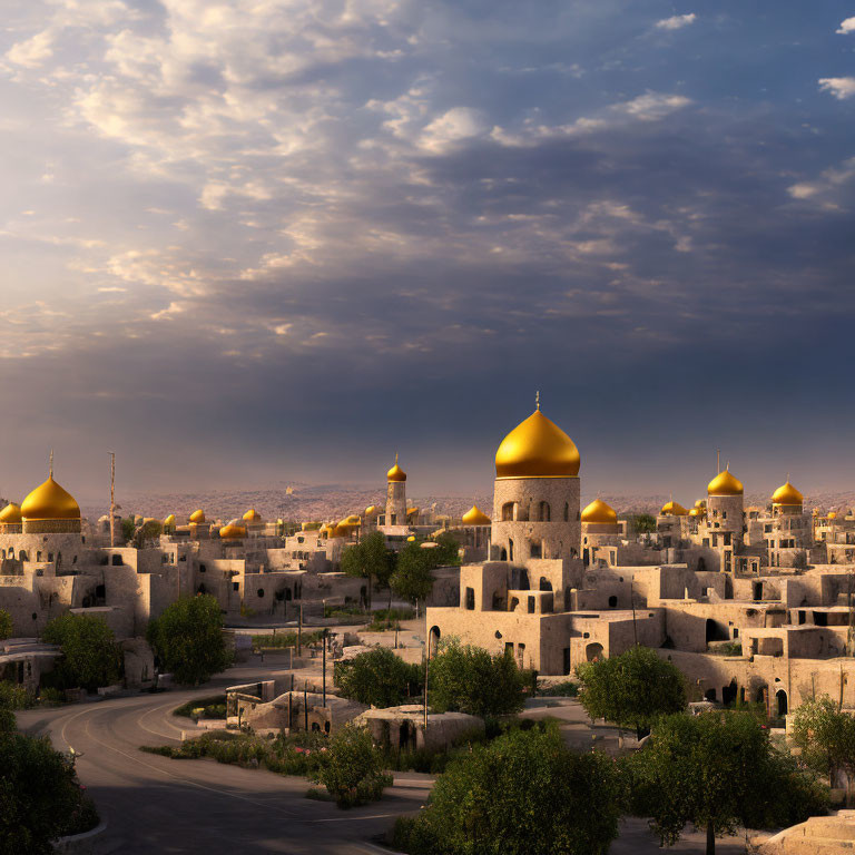 Ancient city with golden domes and stone buildings at sunset