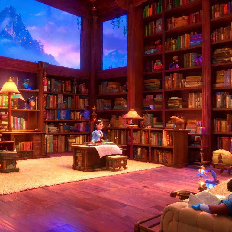 Warmly lit animated library with books, child reading, and mountain view