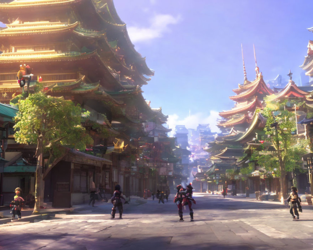 Asian-Inspired Fantasy Street with Pagoda-Style Buildings and Traditional Costumes
