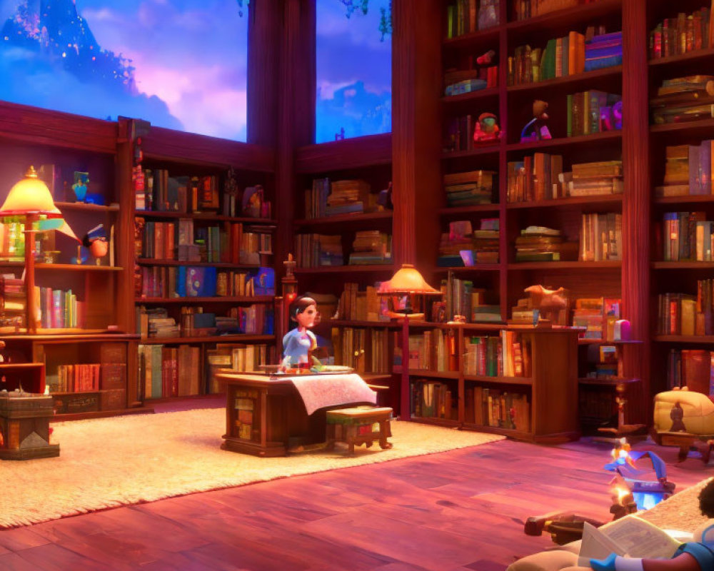 Warmly lit animated library with books, child reading, and mountain view