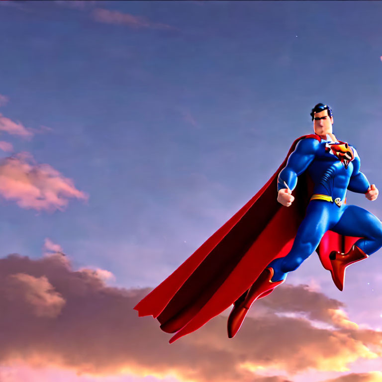 Digital illustration of Superman flying with determined expression in dramatic sunset sky