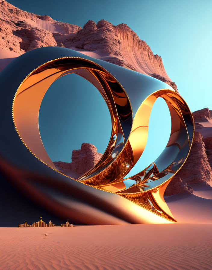 Reflective metallic Möbius strip in desert landscape with rock formations