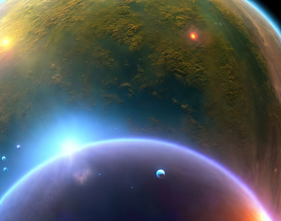 Vibrant, Verdant Planet with Colorful Atmosphere and Moon in Space