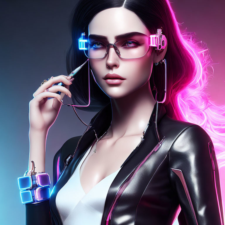 Futuristic cyberpunk female character with neon accents and pink hair