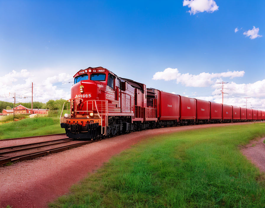 Red Freight Train on Tracks under Blue Sky with Fluffy Clouds
